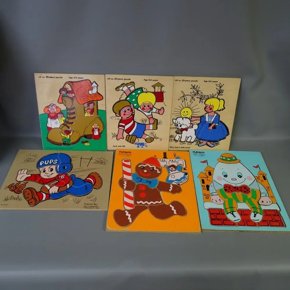Vintage Wood Puzzle Lot 6 Playskool Connor Toy Football Humpty Dumpty Jack Jill